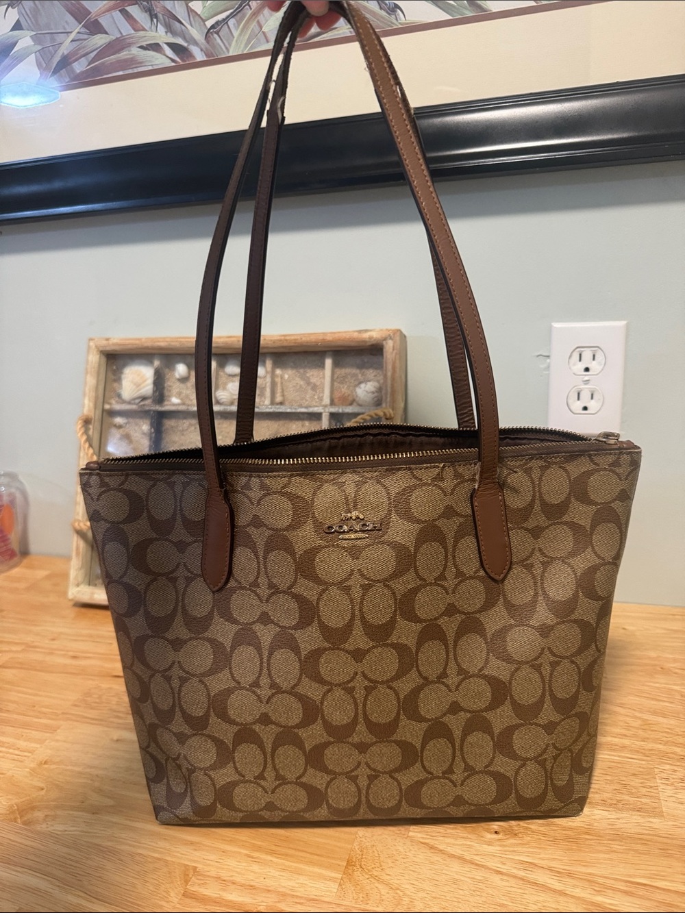 COACH Brown Signature Monogram Tote with Tan Leather Trim